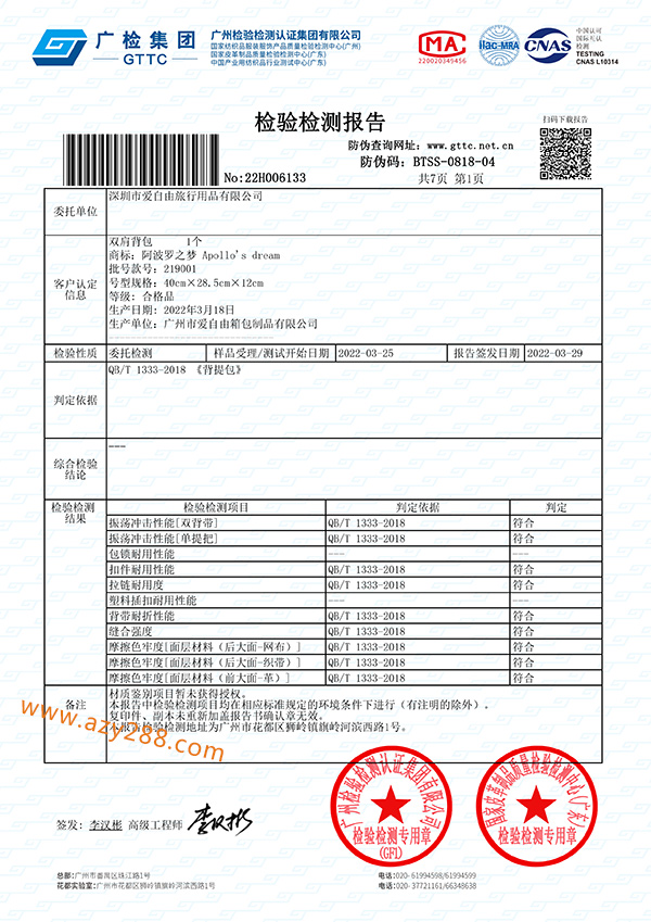 背包定制，產品有檢測報告嗎?